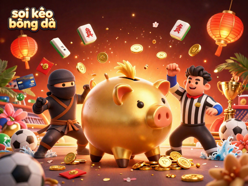 Engage in thrilling soi kèo bóng đá action with a golden piggy bank sumo wrestler and betting elements.