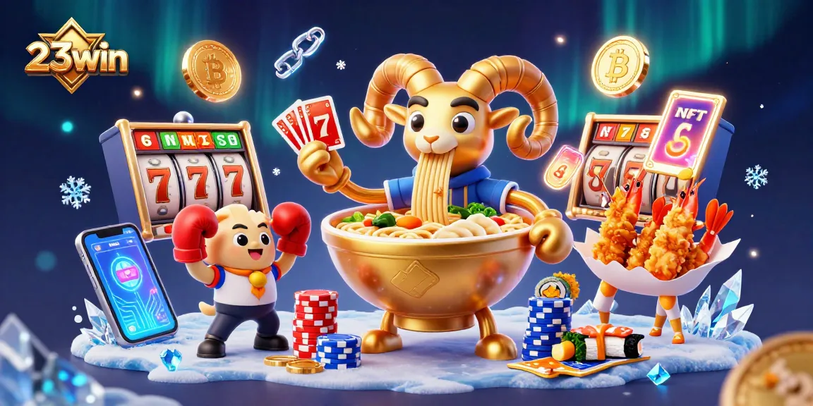 Engage with thrilling games at 23win, featuring a vibrant scene with animated characters and casino elements.