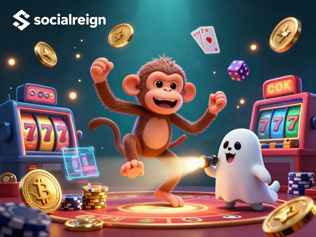 Experience socialreign's haunted casino adventure with a juggling monkey and a curious ghost-hunter puppy.
