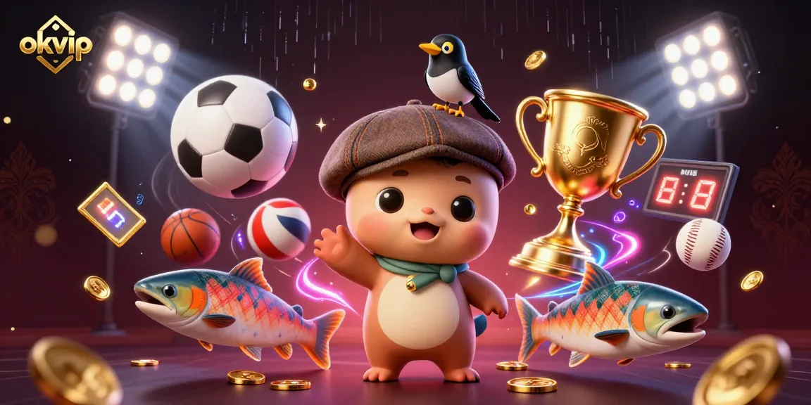 Experience the excitement of okvip with playful characters and dynamic sports elements in a vibrant casino scene.