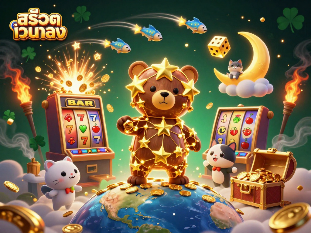 Engage with สล็อตเว็บตรง as the cartoon constellation bear scoops coins, surrounded by vibrant slot machine action.