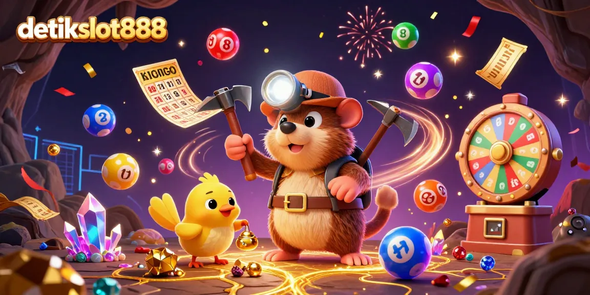Engage with detikslot888 through vibrant 3D casino illustration showcasing exciting gambling elements and characters.
