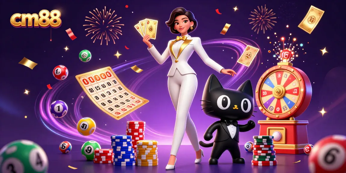 Engage with the exhilarating world of cm88 as a glamorous woman shuffles cards amidst dynamic casino elements.