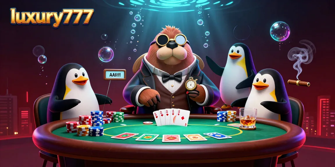 Gambarkan aktivitas bermain poker luxury777 dengan karakter menarik di bawah laut.