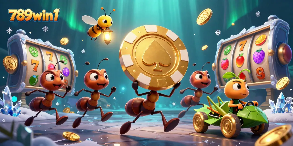 Engaging scene with ants carrying a massive golden poker chip at 789win1 casino, lively gambling elements.
