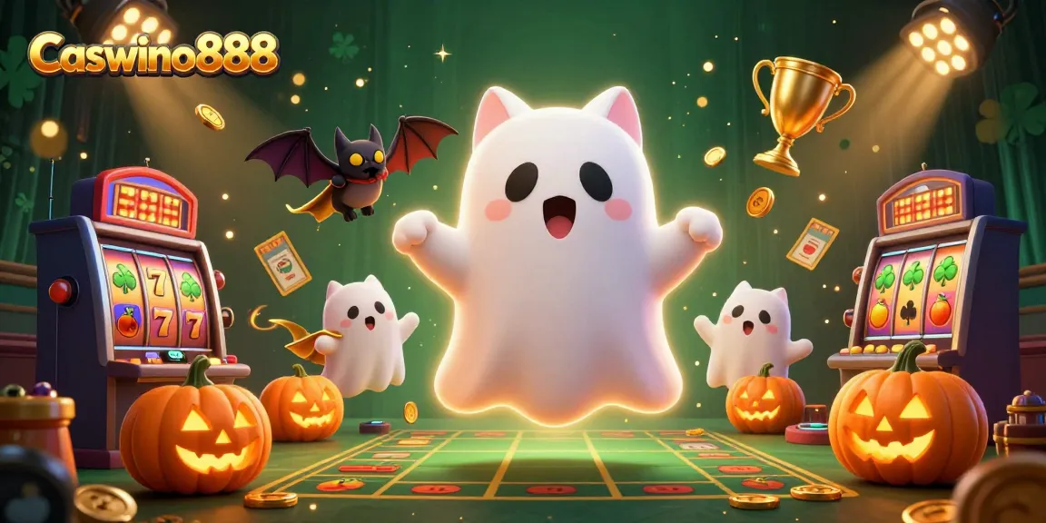 Experience the thrill of Caswino888 with a ghost cat and bat companions in a vibrant casino