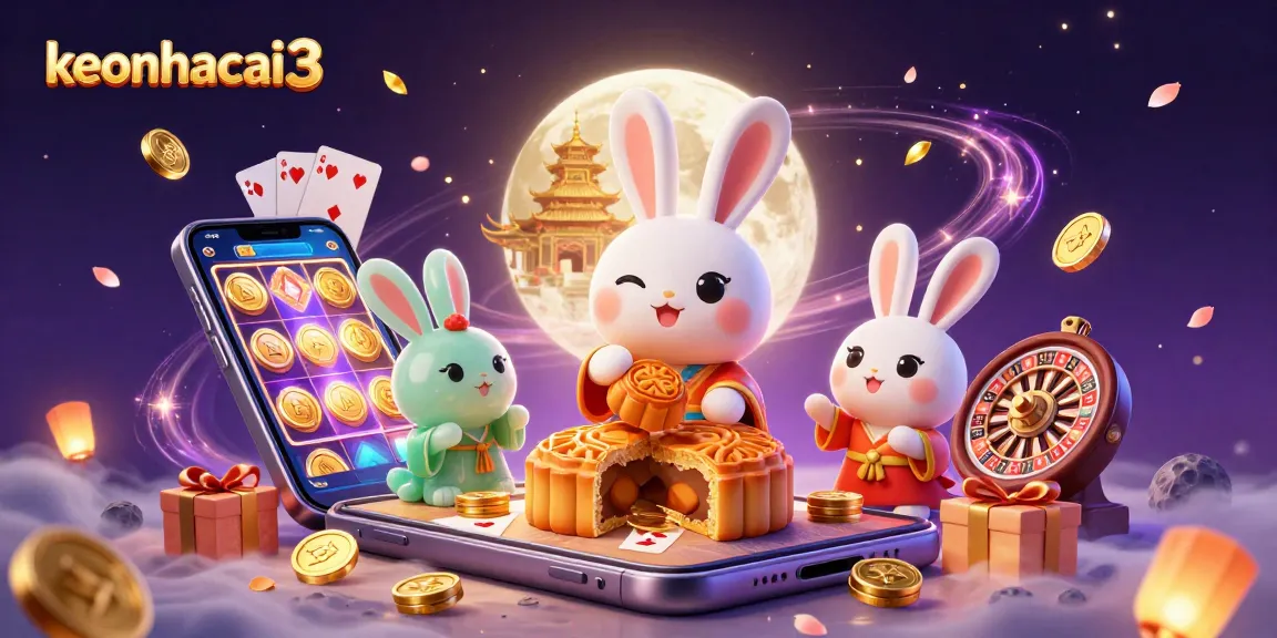 Experience thrilling gaming action with keonhacai3, as moon rabbits reveal poker chips and slot games.