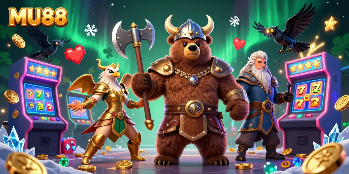 Experience big wins with MU88's immersive casino scene featuring vibrant slot reels and engaging characters.