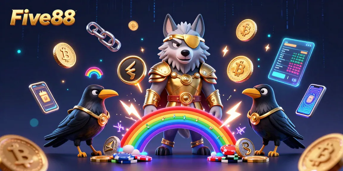 Engage with thrilling gameplay at Five88, featuring ethereal characters amidst casino elements and cryptocurrencies.