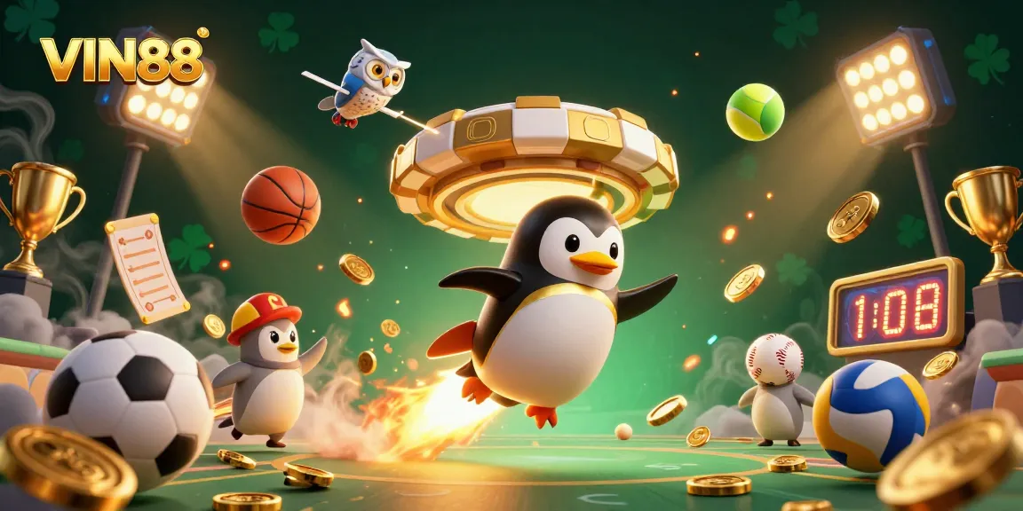 Experience the thrill of winning at VIN88 with a 3D rocket-powered penguin racing towards a vibrant casino.