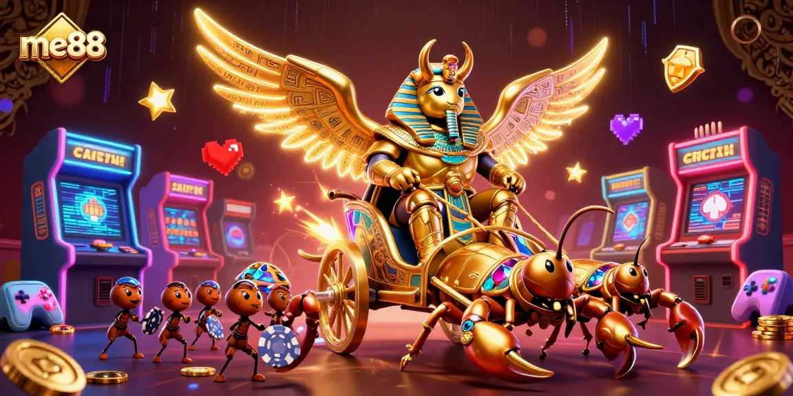 Experience the excitement of me88 with a vibrant casino scene featuring a golden scarab and gaming elements.