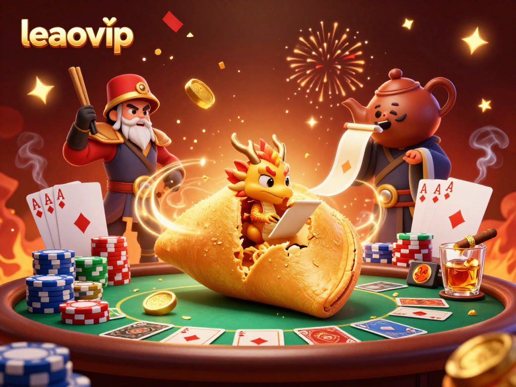 Experience the thrill of leaovip with a dynamic illustration of gambling elements and a golden fortune cookie scene.