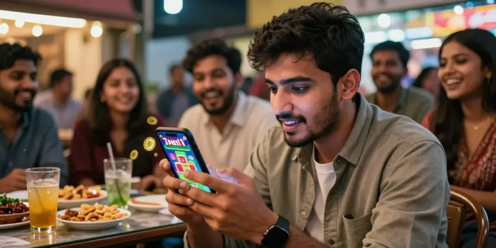 Engaged player enjoying 3 Patti No1 mobile game with friends, showcasing vibrant graphics and exciting rewards.