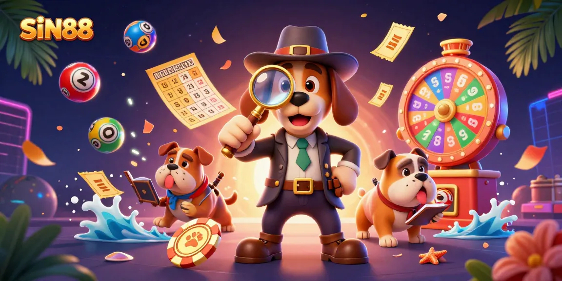 SIN88 betting scene depicting a detective examining a golden poker chip amidst vibrant gambling elements, enhancing online gaming excitement.