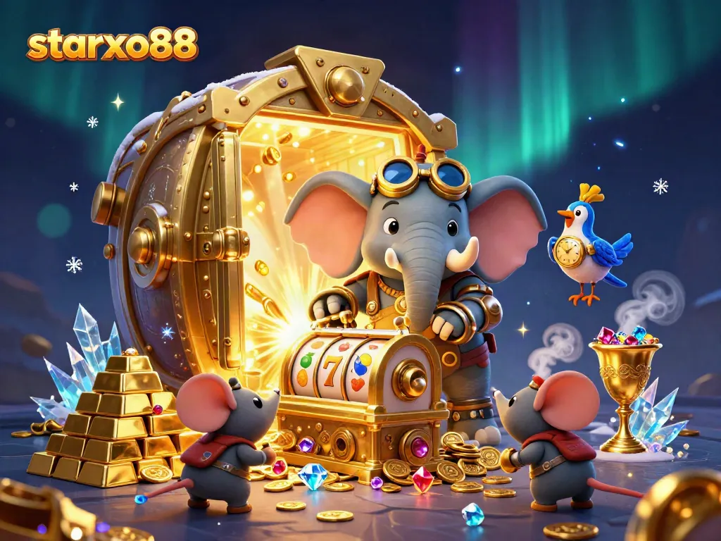 Experience the thrill of starxo88 slots with a lively steampunk scene featuring an elephant engineer, gold treasures, and spinning reels.
