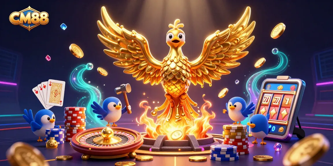 Experience thrilling gameplay at CM88 with a dazzling golden phoenix and vibrant casino elements.