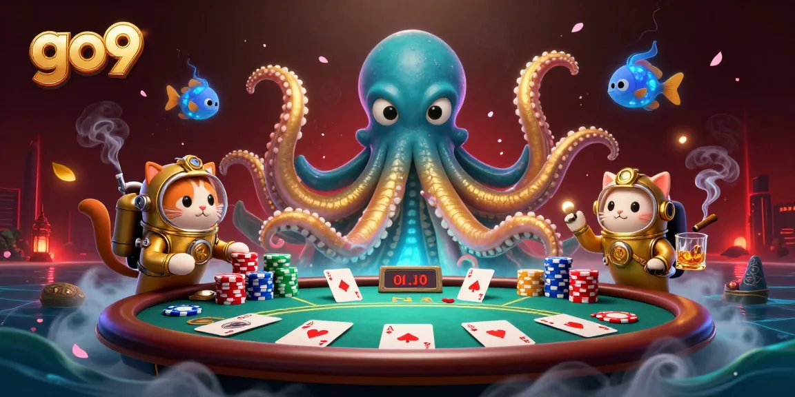 Engage with go9's thrilling gaming experience alongside a colossal kraken and a diving cat.