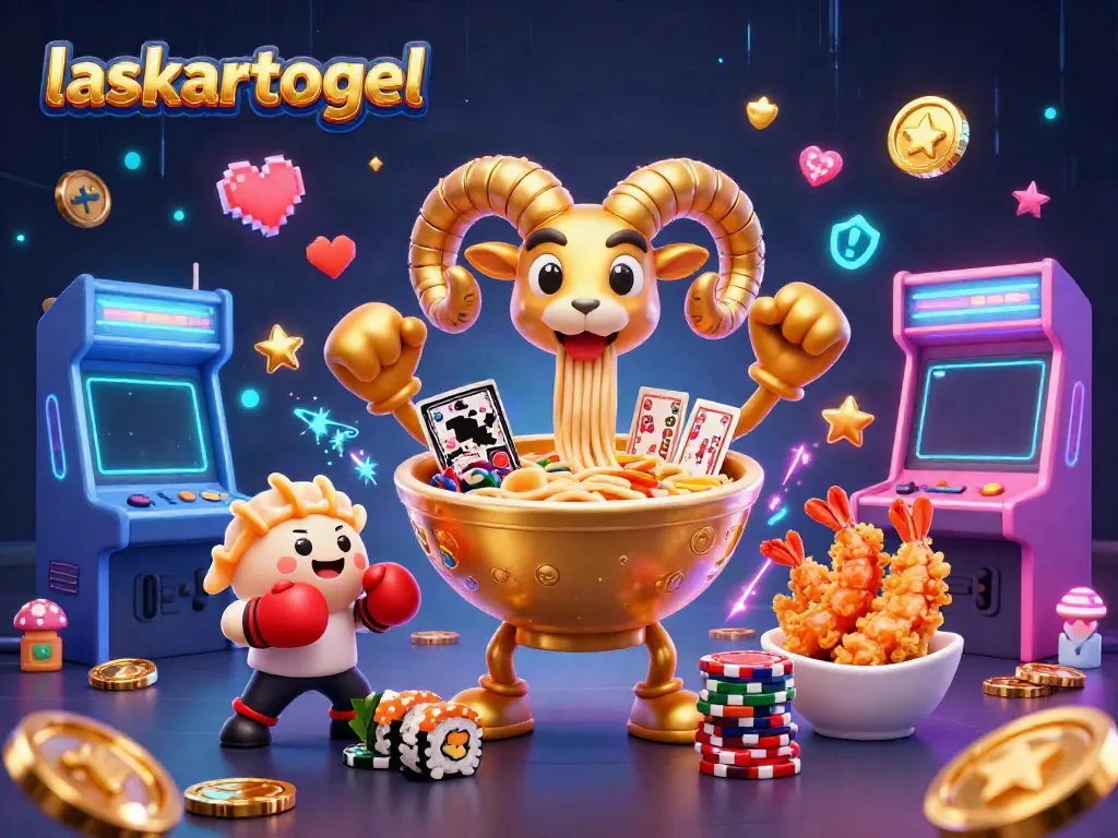 Engage with laskartogel's vibrant casino illustration featuring dynamic game elements and cartoon characters.