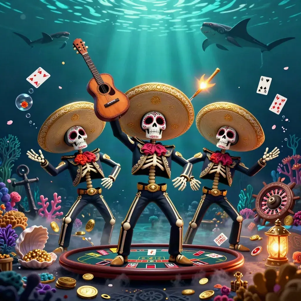 Skeleton mariachi trio in an underwater treasure casino with glowing coral, coins, cards, and a roulette wheel