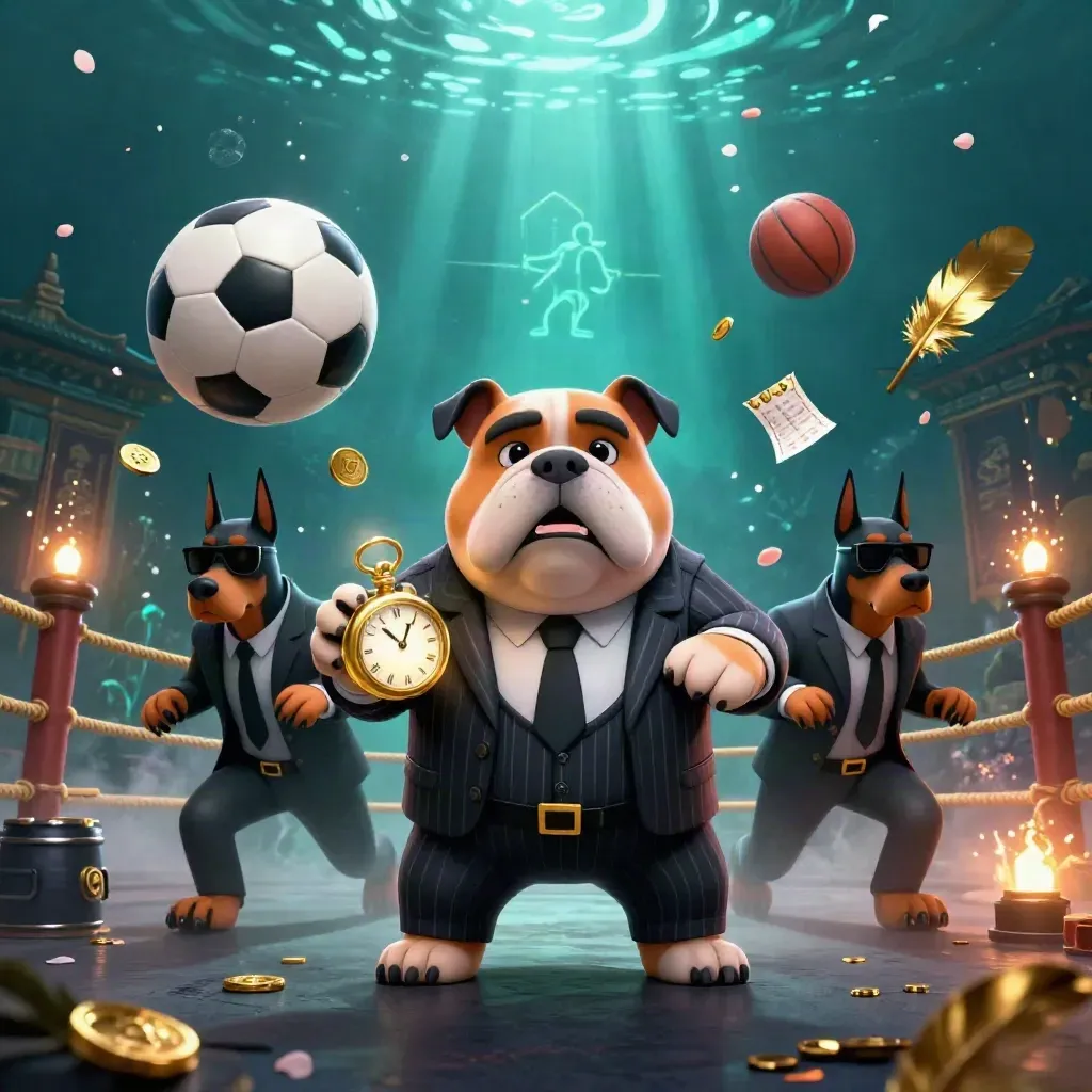 Bulldog boss and Doberman guards burst through coins, balls, fog and ruins in luxe casino style.