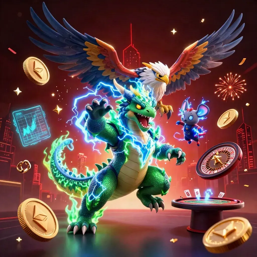 Thunder dragon, wind hawk, and crackling mouse amid casino coins, cards, and neon lightning.
