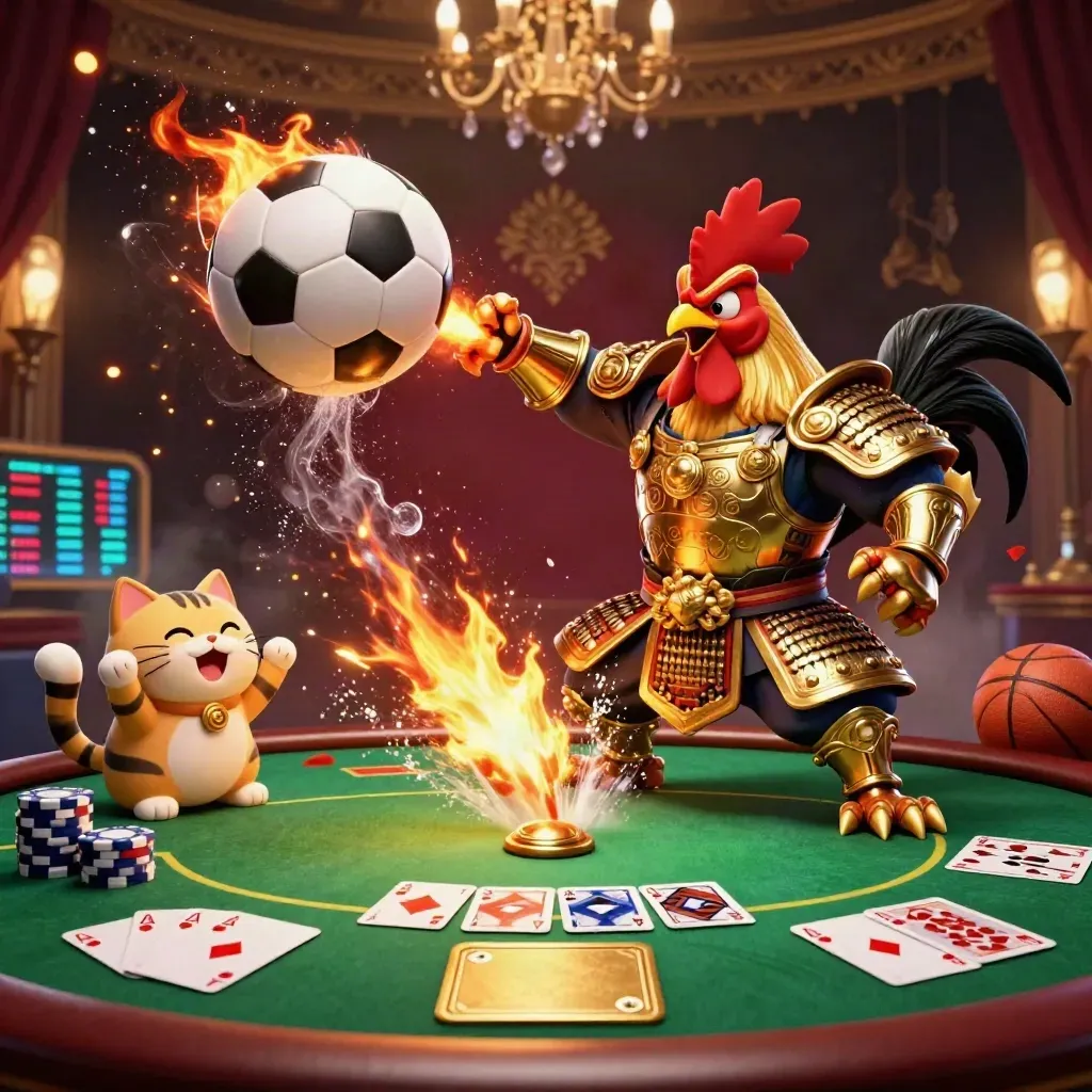 Rooster samurai, dragon hatchling and fortune-cat amid a soccer strike and casino props.
