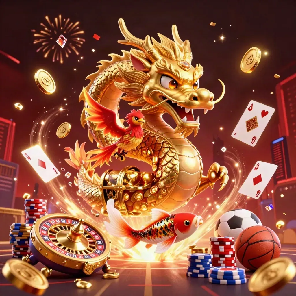 Golden dragon with phoenix and koi amid casino chips, cards, coins, and neon red haze.