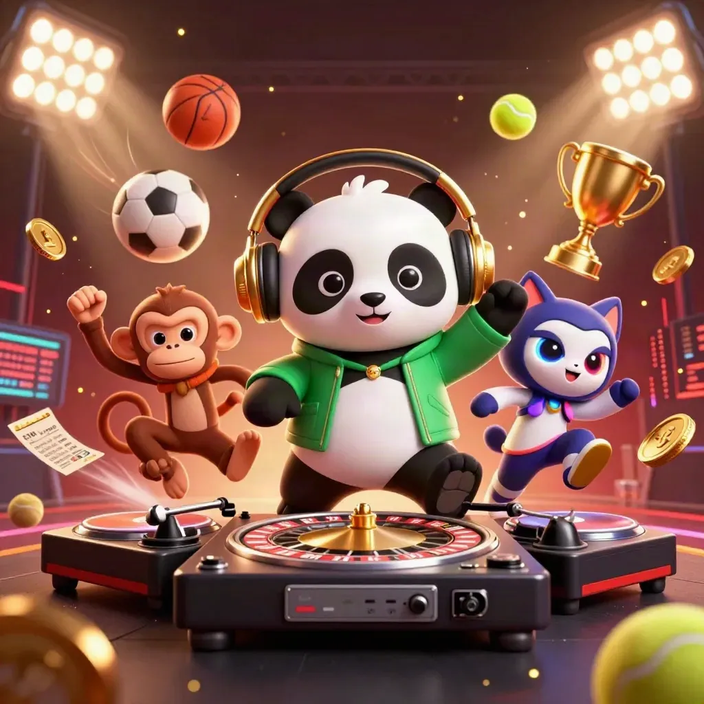 Panda DJ, dancing monkey, and glow-stick kitten amid flying sports balls and casino gold.