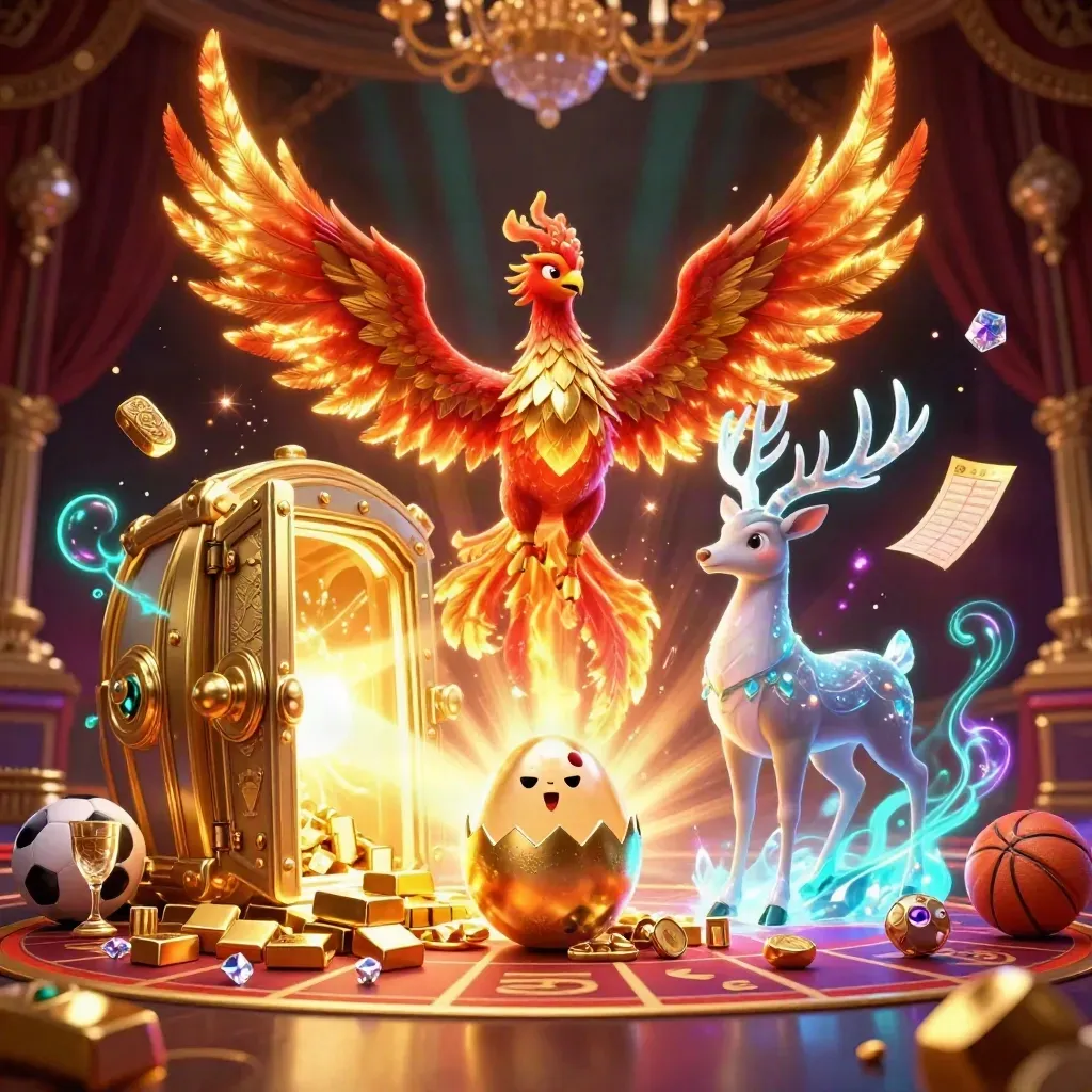 Phoenix, hatchling, and stag with treasure, gems, and casino glow in a luxe fantasy scene.