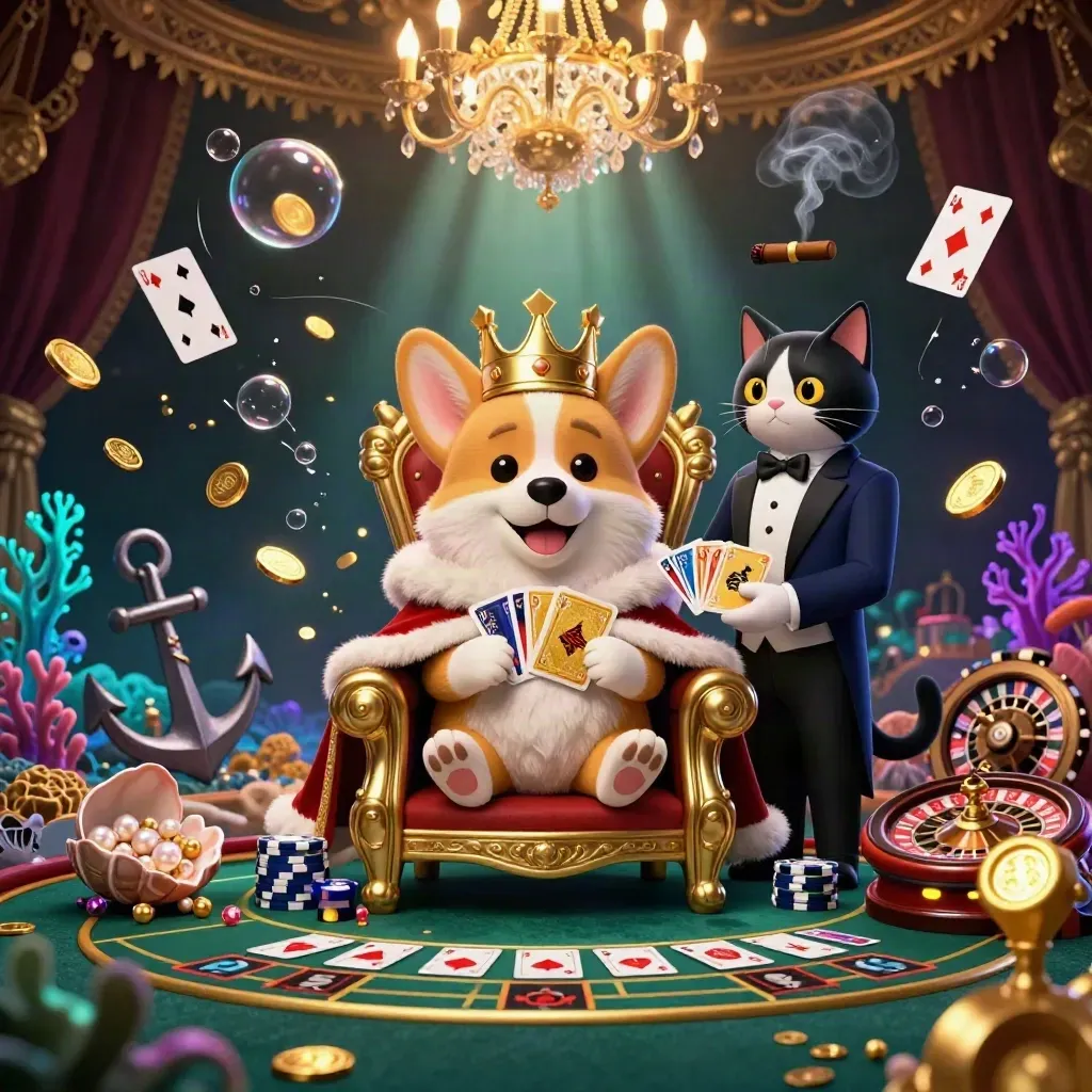 Crowned corgi and cat butler in a luxe underwater casino with gold coins, coral, and glowing cards.