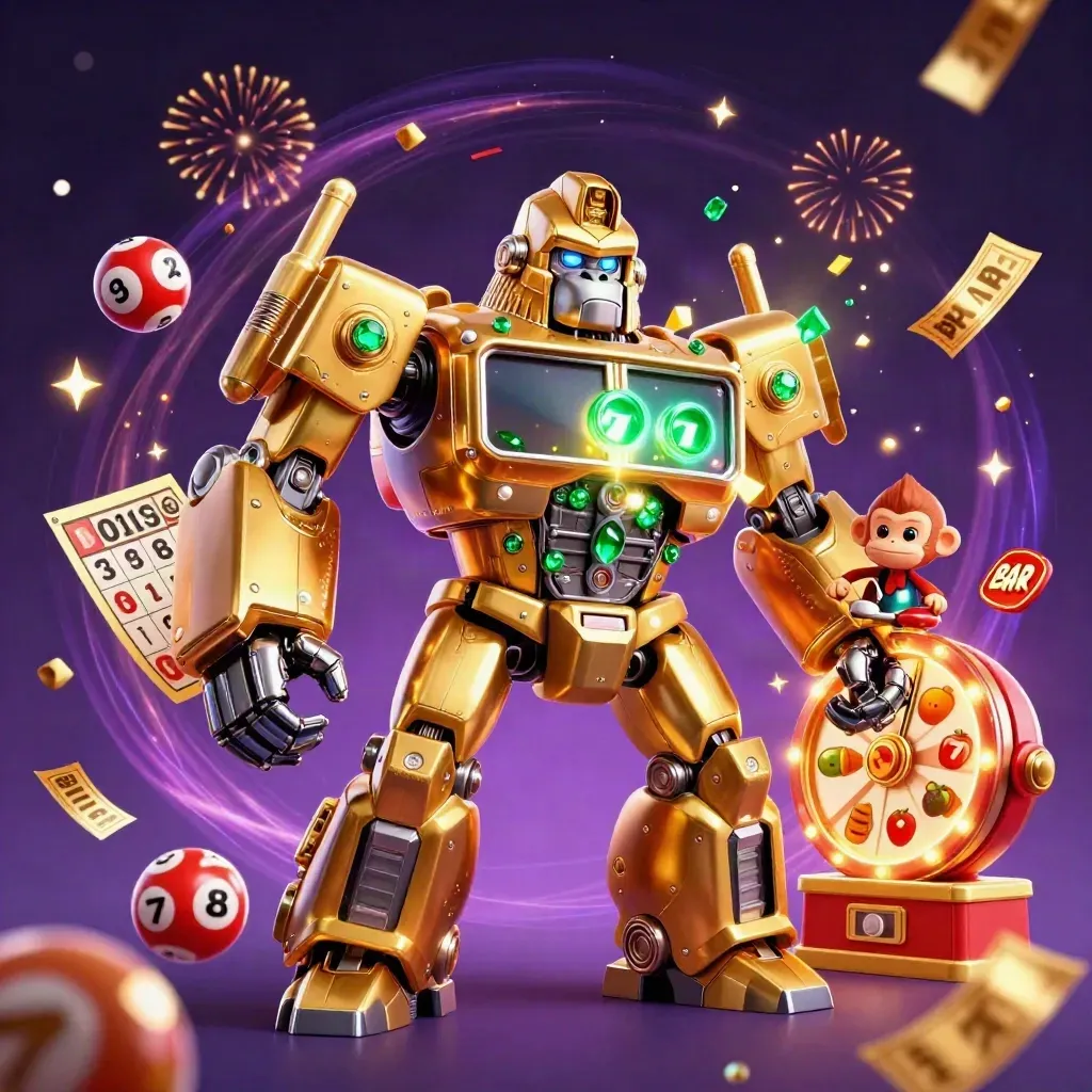 Golden gorilla mech with tiny monkey pilot, bursting gems, balls, wheel, and casino effects.