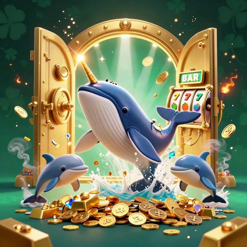 Captain whale, narwhal and dolphins burst from coins as a vault opens with gold and gem light.