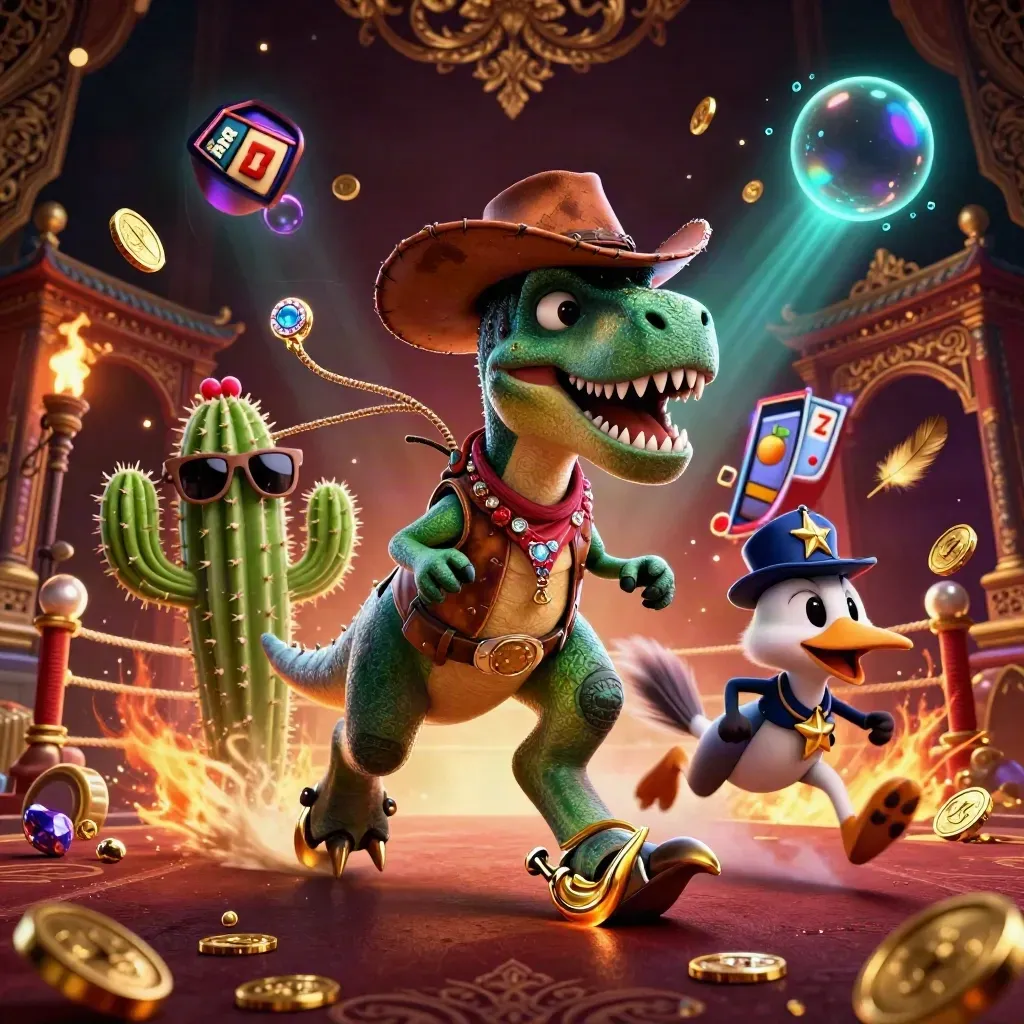 Cowboy T-Rex, cactus sidekick, and sheriff roadrunner amid casino treasure, neon glow, and temple ruins.