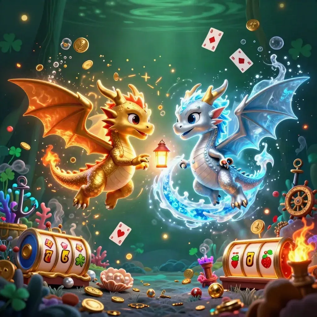 Gold and silver dragons whirl through a treasure cove with coins, coral, cards, and casino glow.