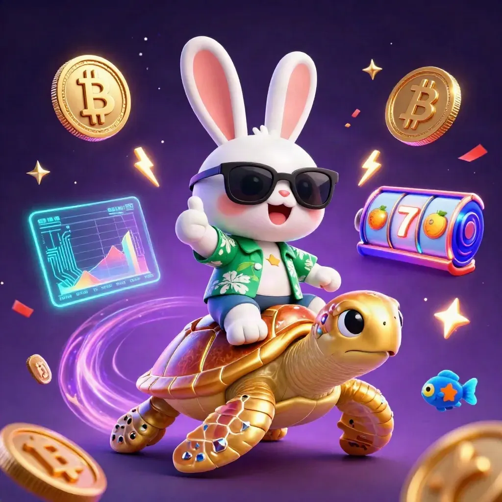 Lucky rabbit on a golden sea turtle with neon coins, fish, and casino sparks in a purple starfield