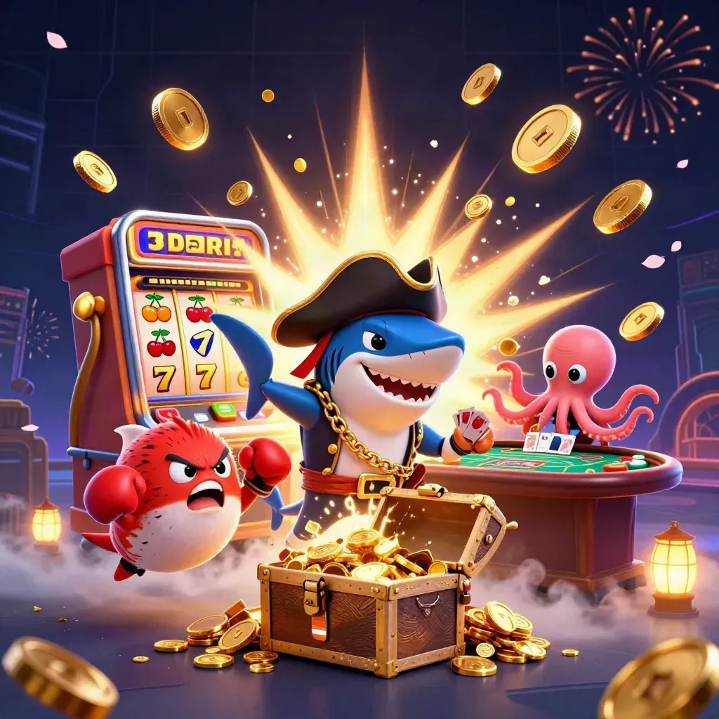 Pirate shark, boxing pufferfish, and juggling octopus amid exploding slots and gold coins