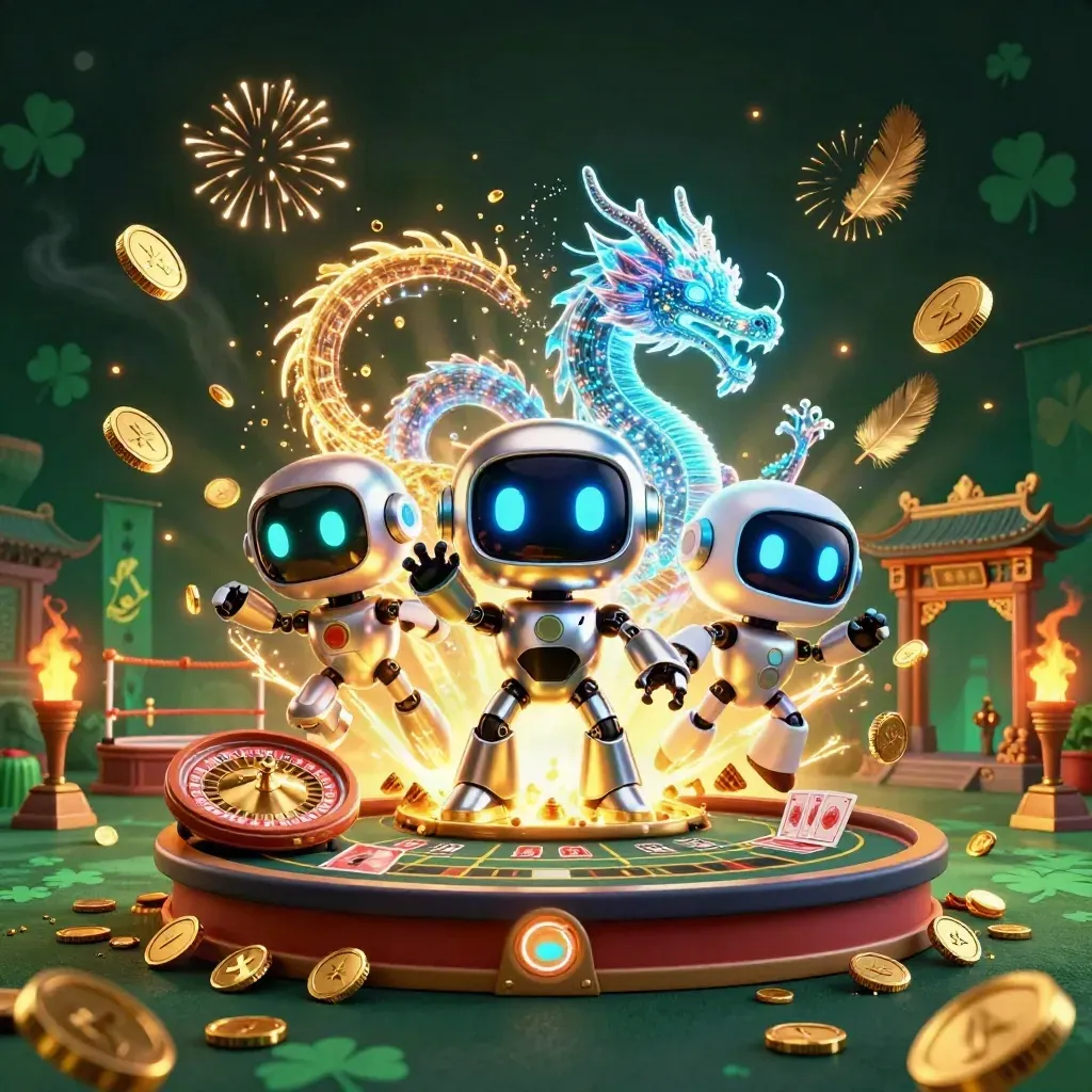 Robot mascot, holo dragon and coin drone amid jackpots, coins, temple gate and fireworks.