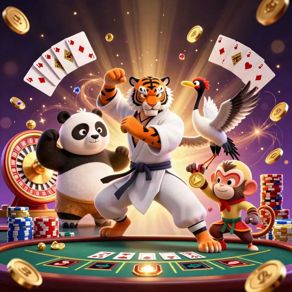 Tiger master, panda disciple, and monkey amid casino coins, cards, chips, and fireworks.