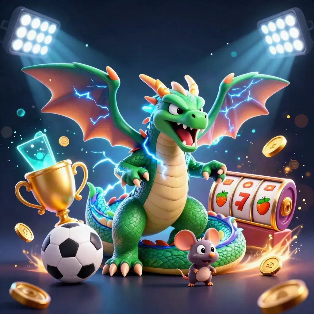 Thunder dragon, hawk, and mouse amid casino reels, coins, and stadium lights