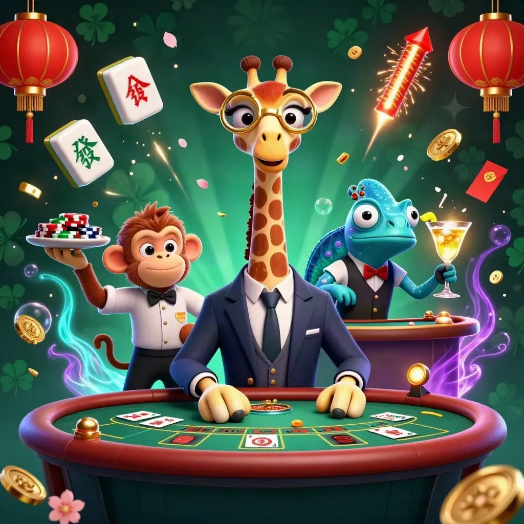 Giraffe, monkey valet, and chameleon bartender amid casino riches, fireworks, and glowing chips