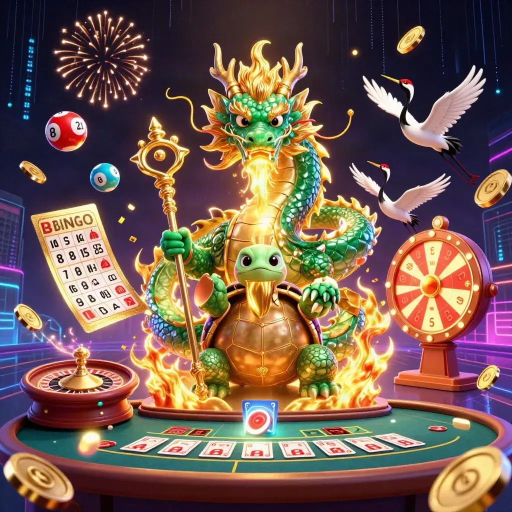Dragon, turtle sage and cranes amid coins, fireworks, reels and neon casino effects.