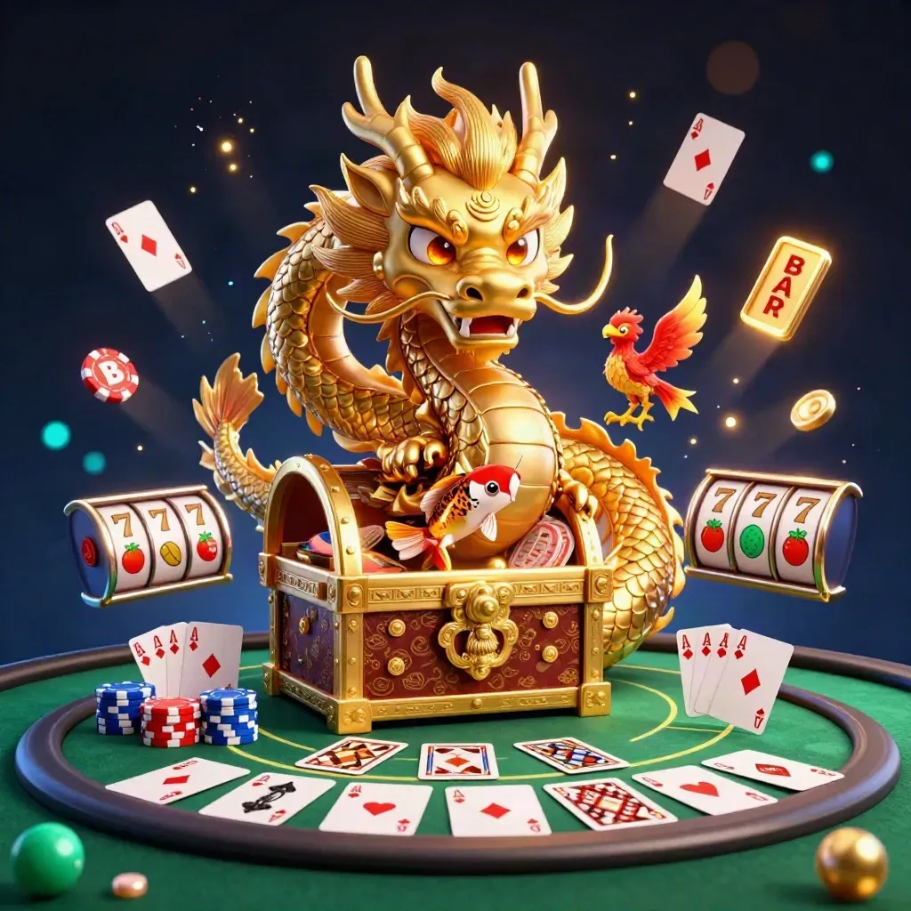 Golden dragon with phoenix and koi over casino chips, cards, reels and cyan glow