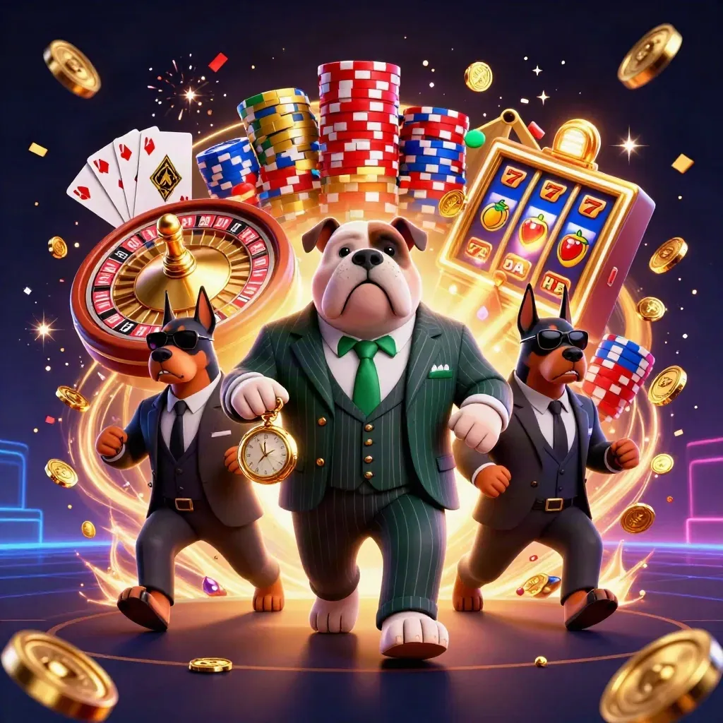 Mafia bulldog and Doberman guards amid casino chips, coins, roulette, cards, and neon effects.