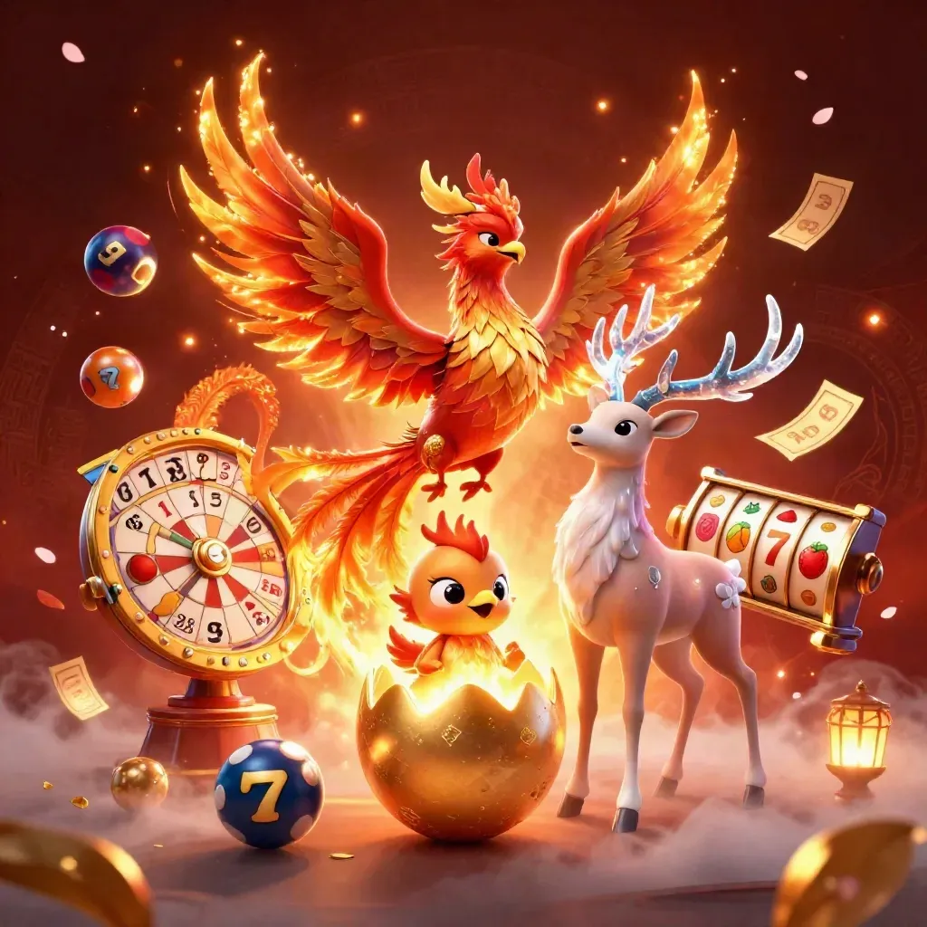 Phoenix, baby phoenix, and stag amid casino symbols on a fiery dark background.