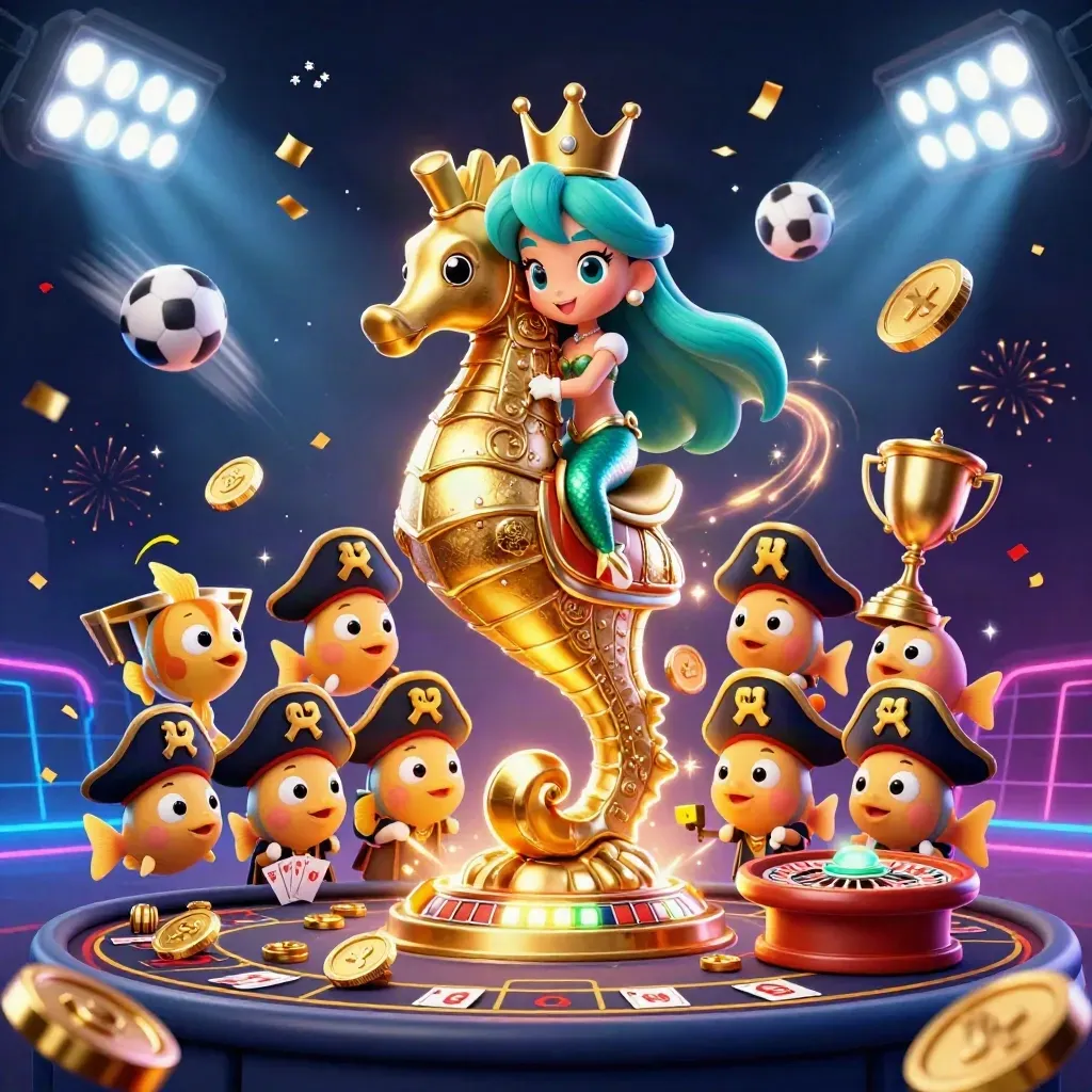 Mermaid princess on armored seahorse with casino and sports rewards in neon gold glow