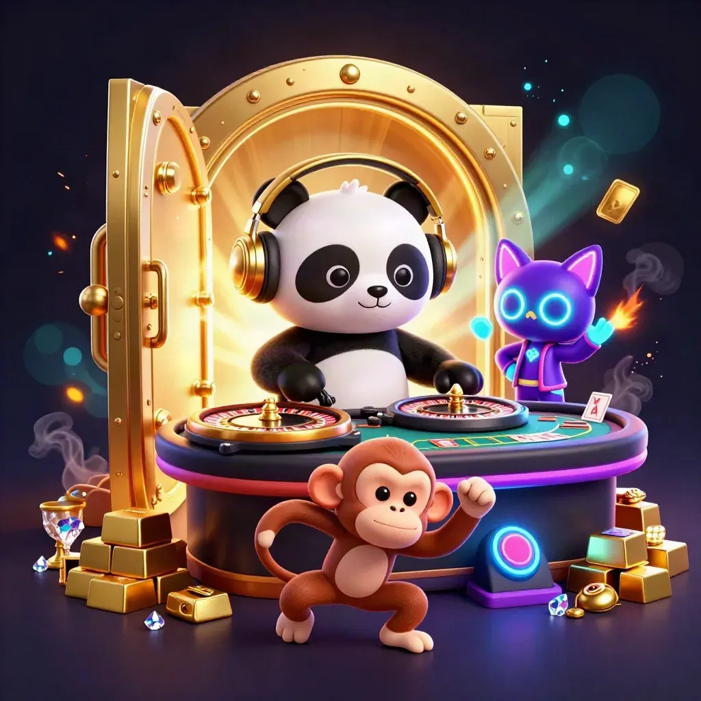 DJ panda, dancing monkey and glow-stick kitten at a glowing vault of casino riches