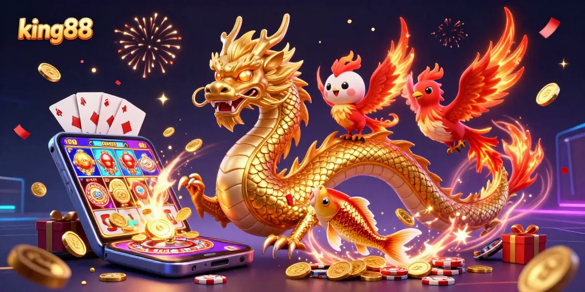 Experience the excitement at king88 with a vibrant dragon and phoenix amid thrilling casino action.