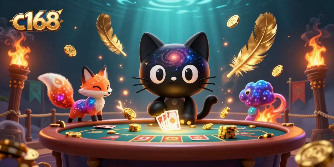Catch thrilling moments with c168 as the black hole cat draws in golden chips and cards at a vibrant cosmic casino.