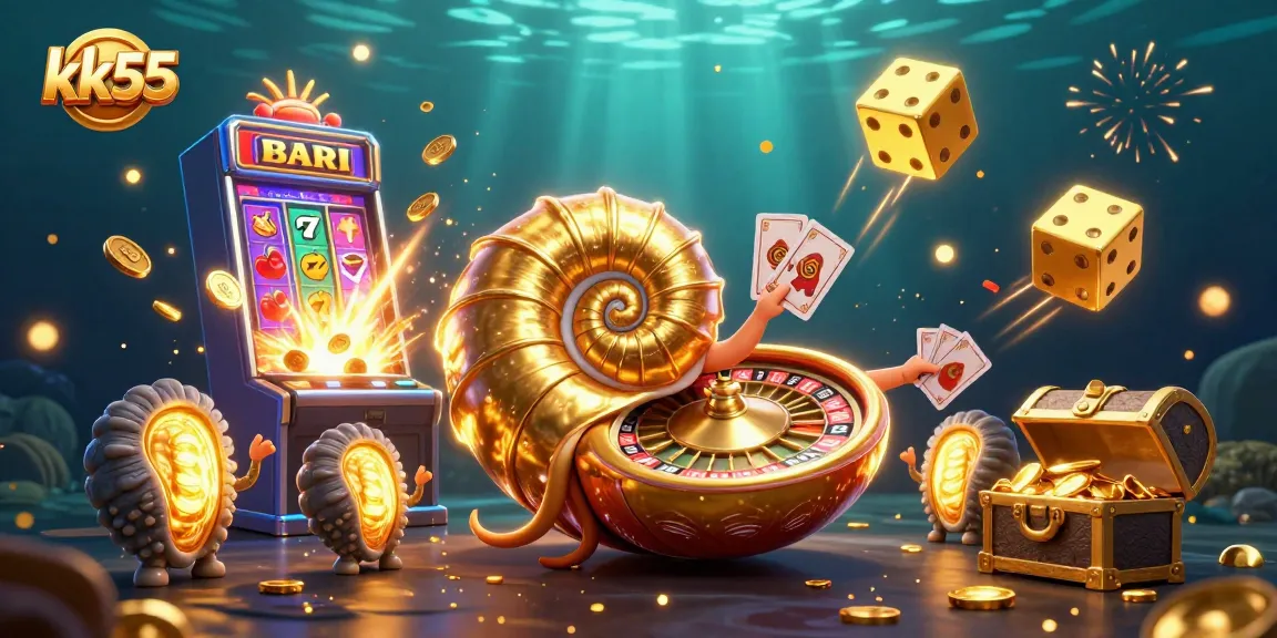 Experience the excitement of kk55 with a dynamic scene featuring a giant nautilus, jackpot slots, and vibrant casino elements.