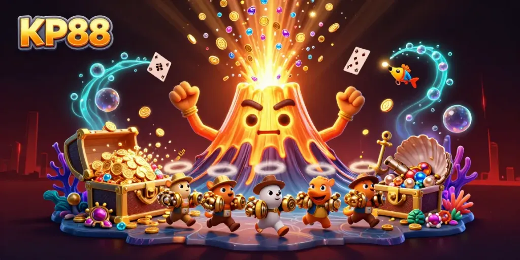 Experience excitement at KP88 with a golden volcano erupting treasure in a vibrant 3D casino scene.